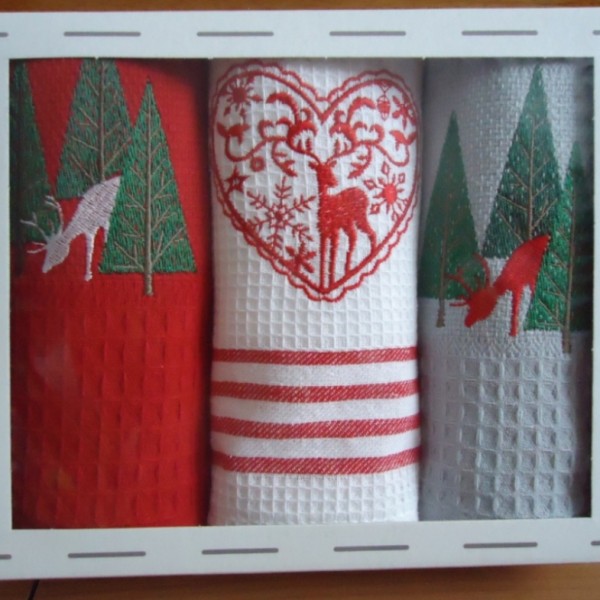 Christmas waffle kitchen towels with embroidery in a gift box
